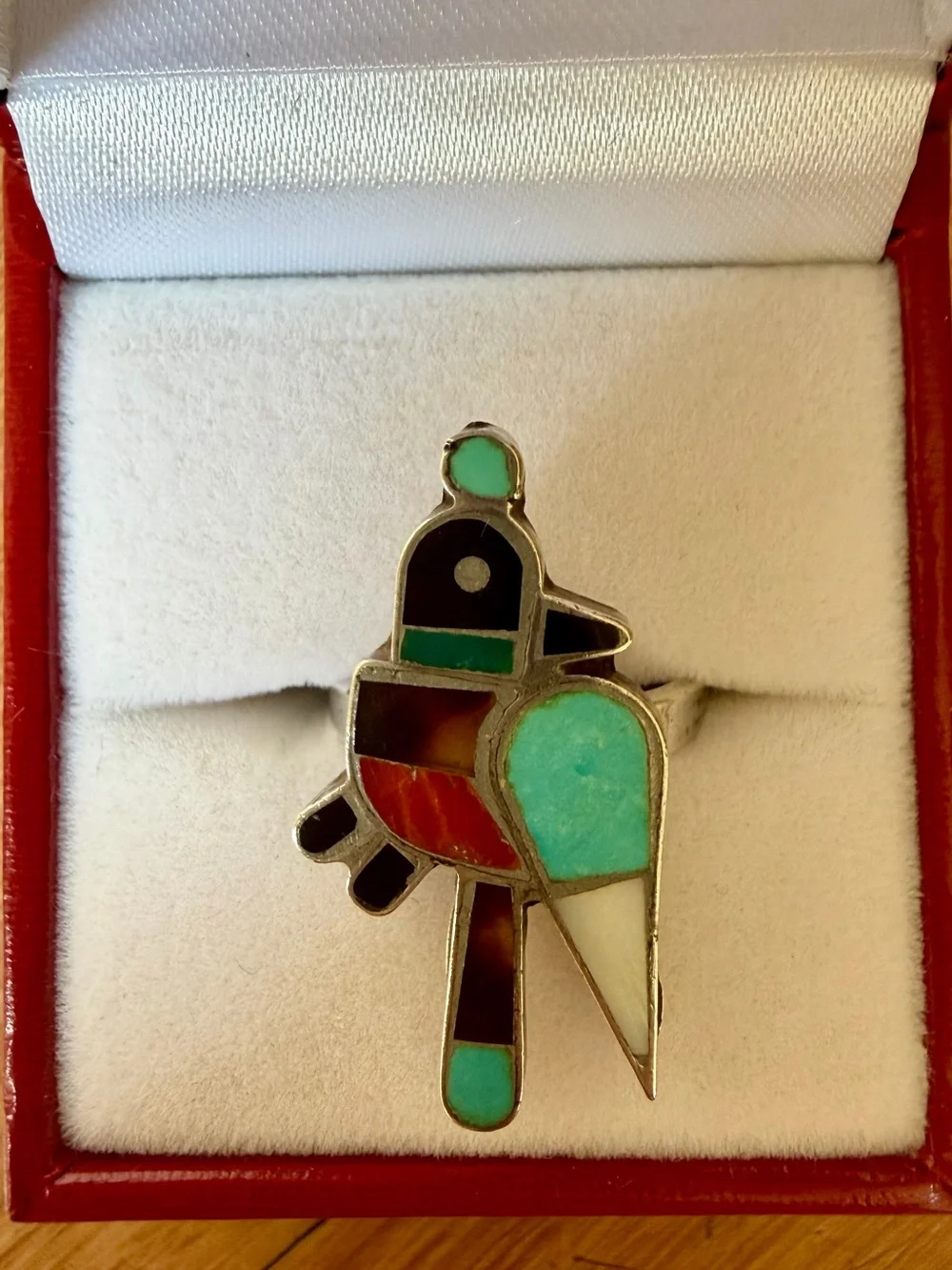Vintage Native American Zuni Sterling Silver Turquoise Inlay Bird Ring Size 6